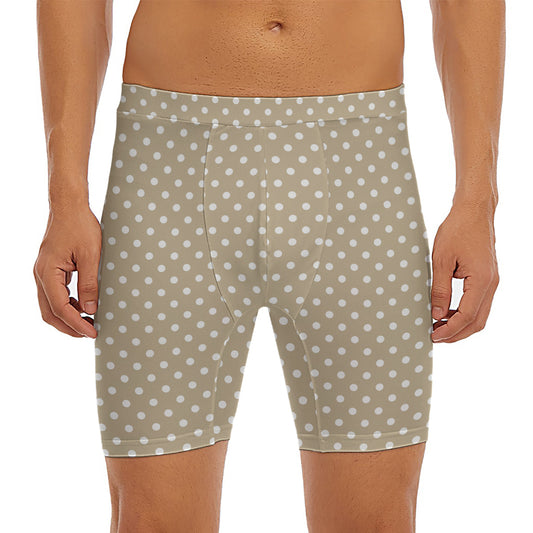 Beige And White Polka Dot Pattern Print Men's Long Boxer Briefs
