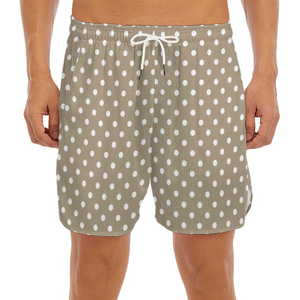 Beige And White Polka Dot Pattern Print Men's Split Running Shorts