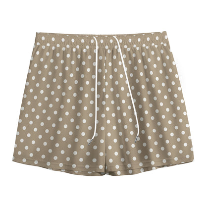 Beige And White Polka Dot Pattern Print Mesh Shorts
