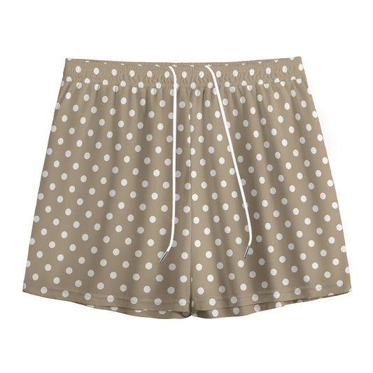 Beige And White Polka Dot Pattern Print Mesh Shorts