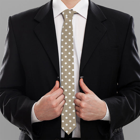 Beige And White Polka Dot Pattern Print Necktie