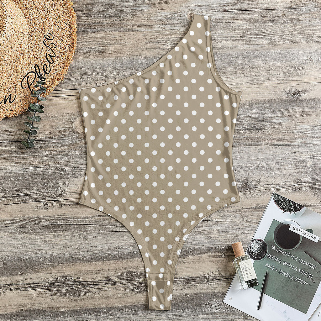Beige And White Polka Dot Pattern Print One Shoulder Bodysuit