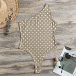 Beige And White Polka Dot Pattern Print One Shoulder Bodysuit