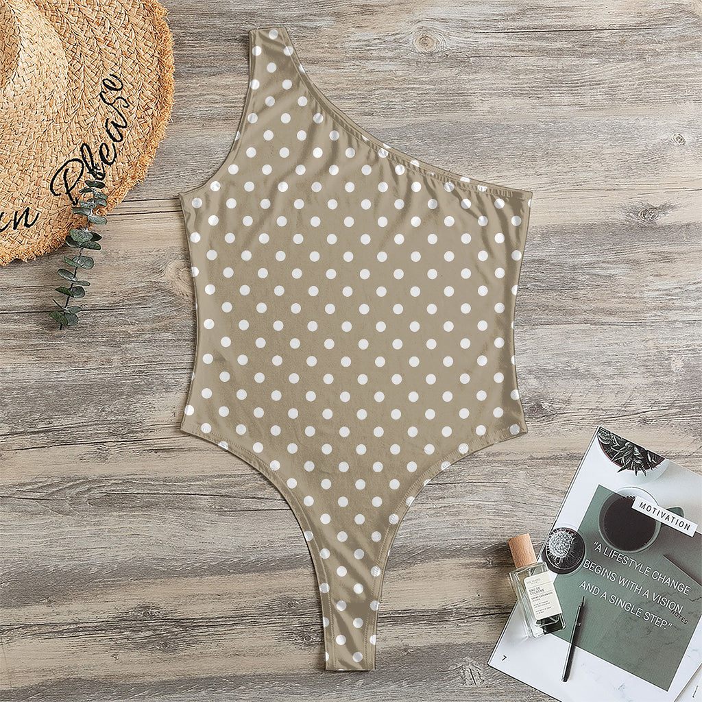 Beige And White Polka Dot Pattern Print One Shoulder Bodysuit