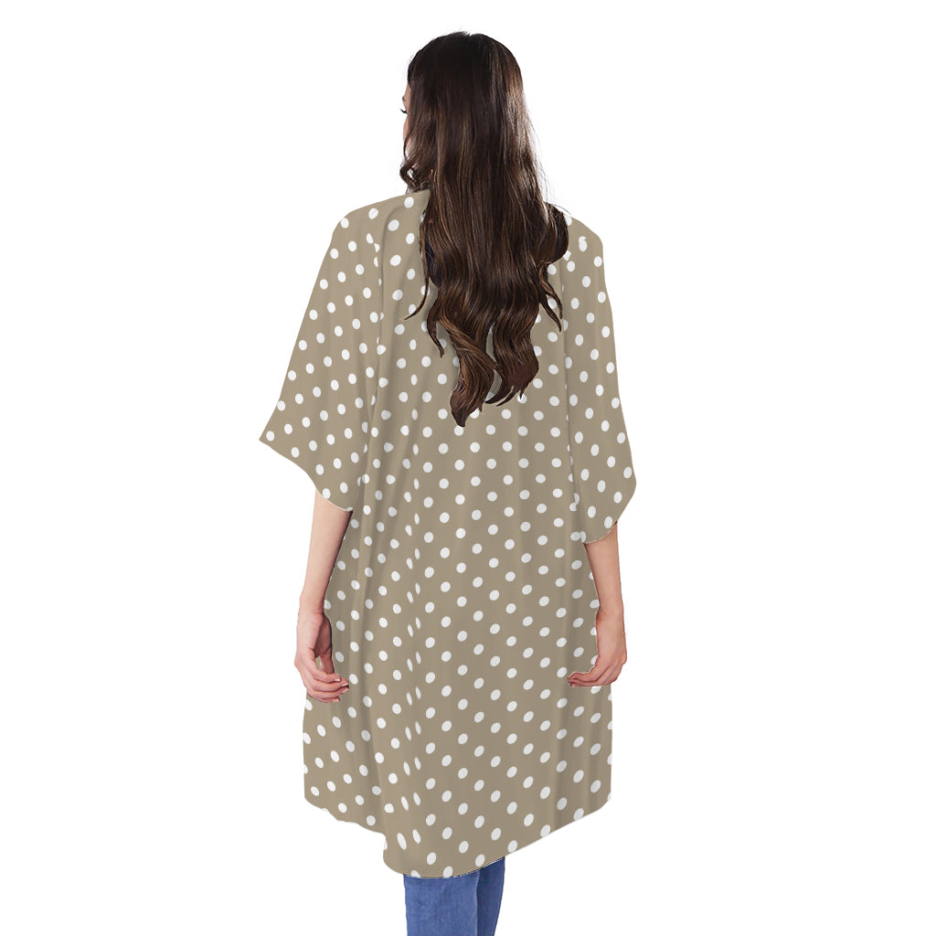 Beige And White Polka Dot Pattern Print Open Front Beach Cover Up