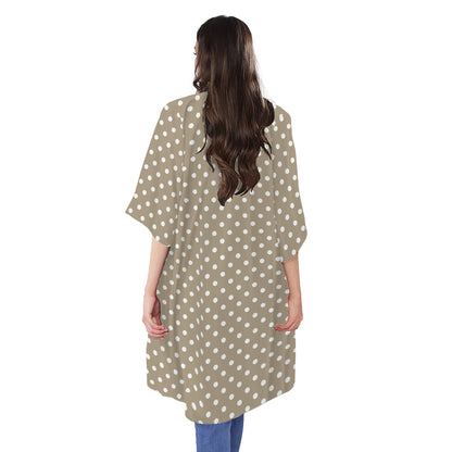 Beige And White Polka Dot Pattern Print Open Front Beach Cover Up