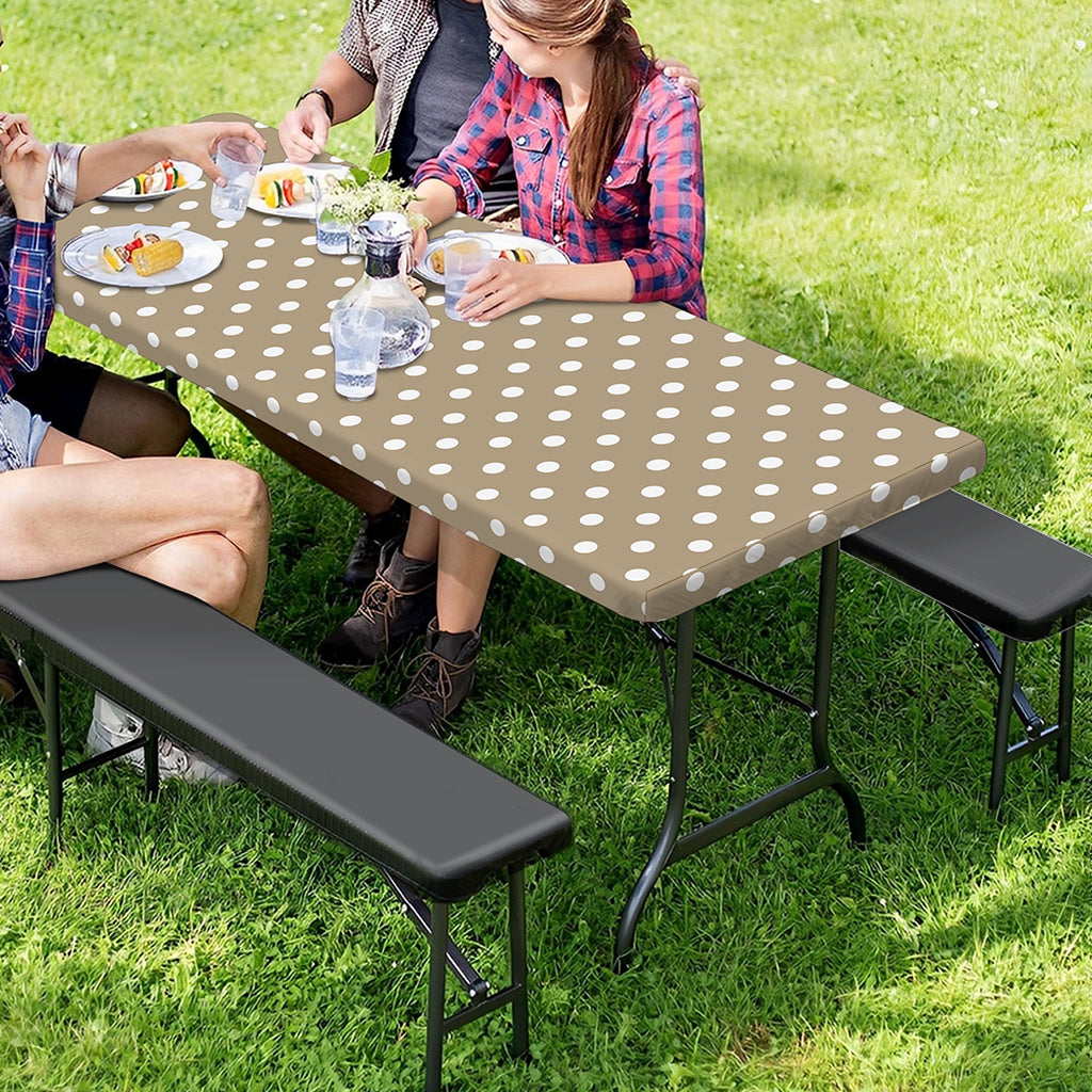Beige And White Polka Dot Pattern Print Picnic Table Cover
