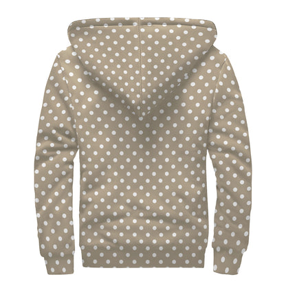 Beige And White Polka Dot Pattern Print Sherpa Lined Zip Up Hoodie