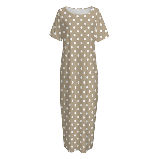 Beige And White Polka Dot Pattern Print Short Sleeve Long Nightdress