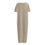 Beige And White Polka Dot Pattern Print Short Sleeve Long Nightdress