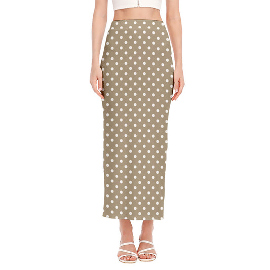 Beige And White Polka Dot Pattern Print Side Slit Maxi Skirt