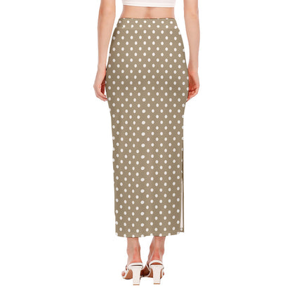 Beige And White Polka Dot Pattern Print Side Slit Maxi Skirt