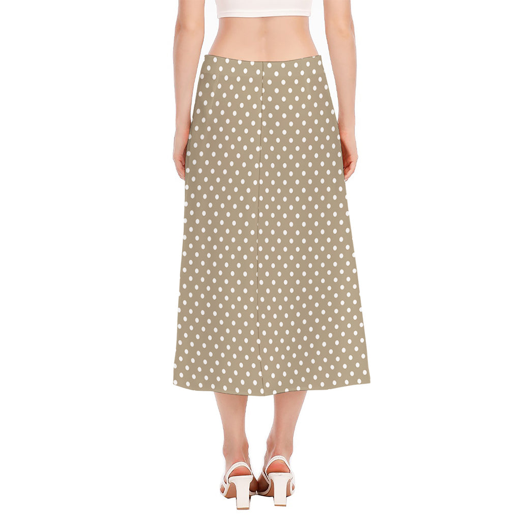 Beige And White Polka Dot Pattern Print Side Slit Midi Skirt