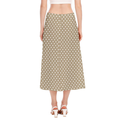 Beige And White Polka Dot Pattern Print Side Slit Midi Skirt