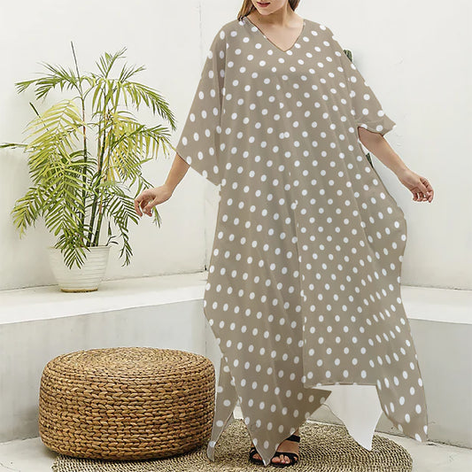 Beige And White Polka Dot Pattern Print Silk V-Neck Kaftan Dress