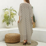 Beige And White Polka Dot Pattern Print Silk V-Neck Kaftan Dress