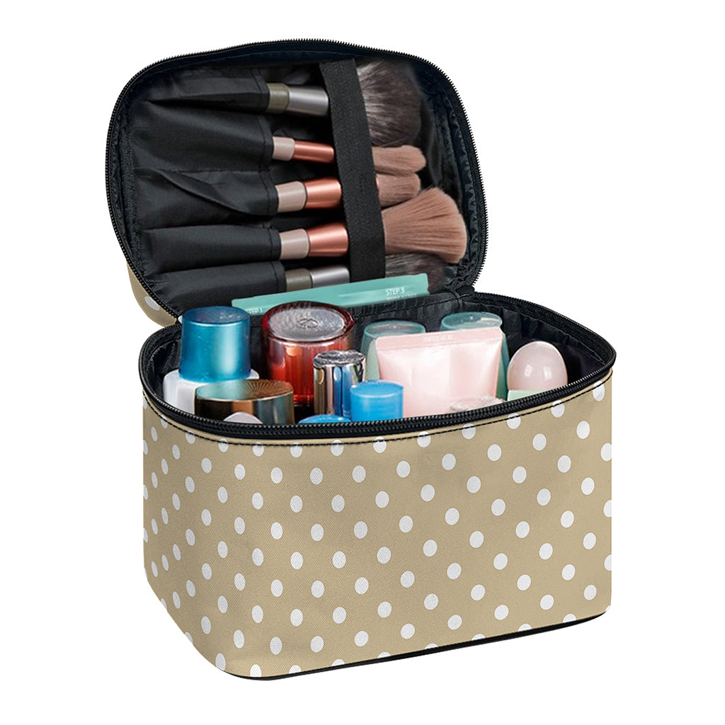 Beige And White Polka Dot Pattern Print Travel Makeup Bag