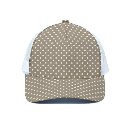 Beige And White Polka Dot Pattern Print White Mesh Trucker Cap