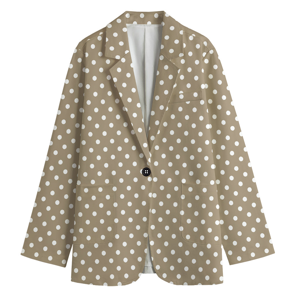 Beige And White Polka Dot Pattern Print Women's Cotton Blazer