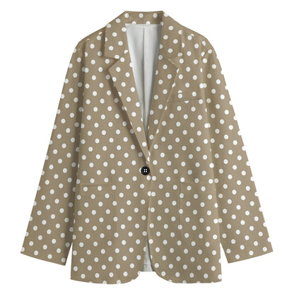 Beige And White Polka Dot Pattern Print Women's Cotton Blazer