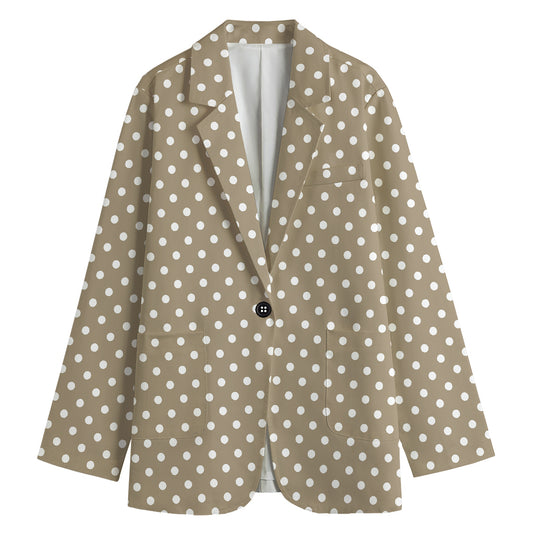 Beige And White Polka Dot Pattern Print Women's Cotton Blazer