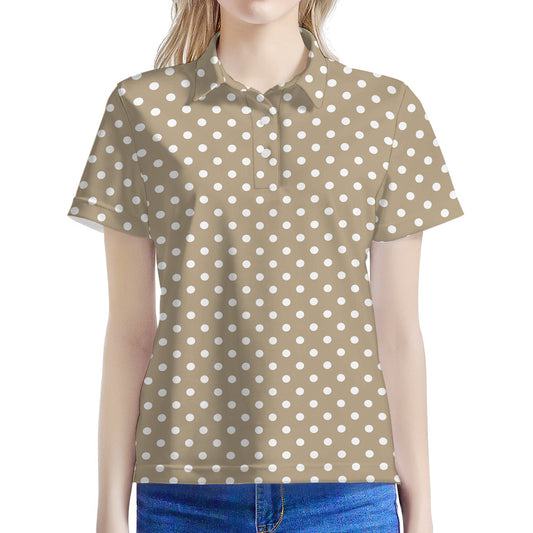 Beige And White Polka Dot Pattern Print Women's Polo Shirt