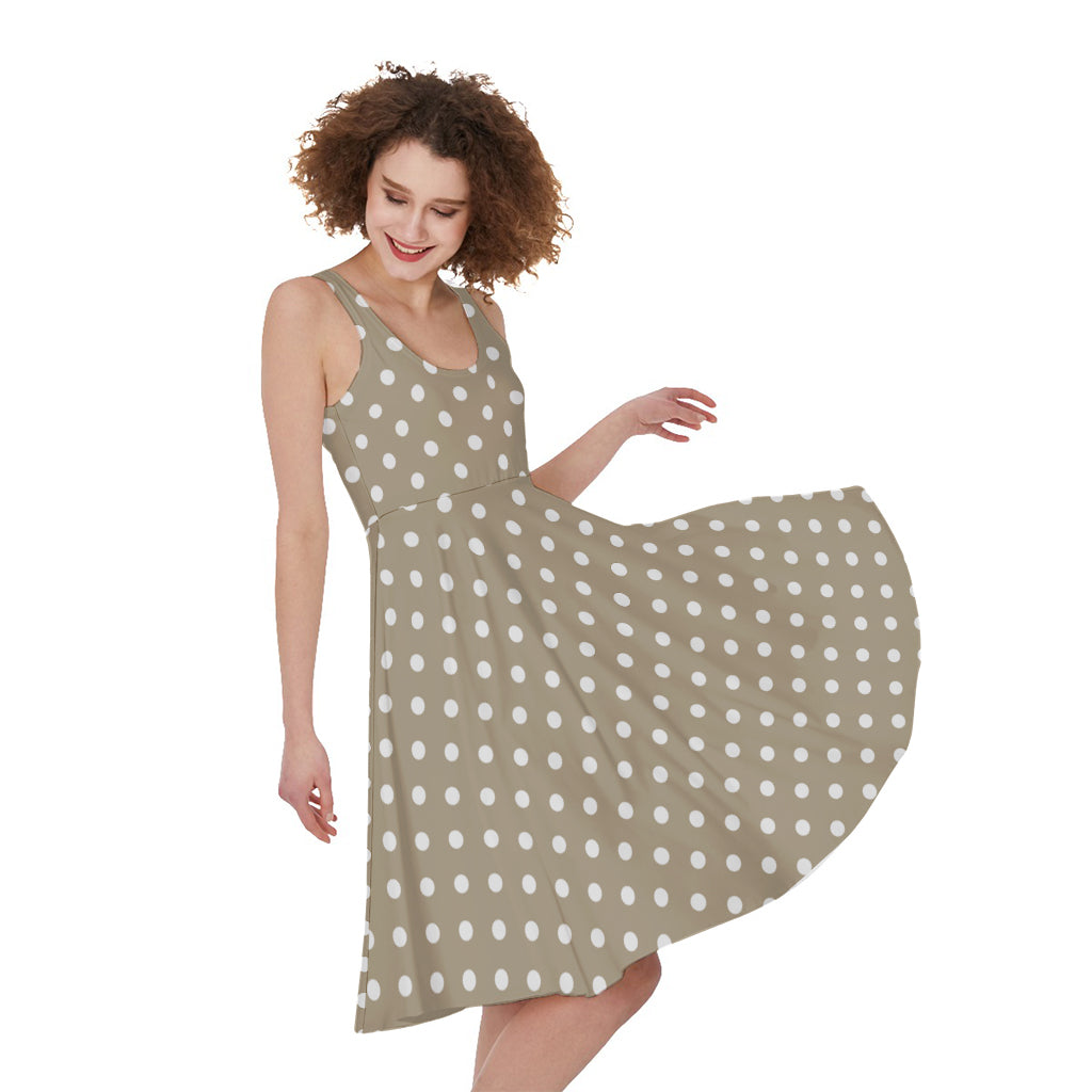 Beige And White Polka Dot Pattern Print Women's Sleeveless Dress