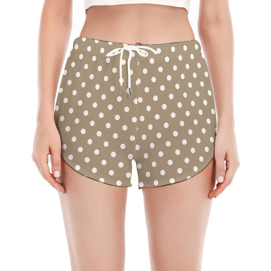 Beige And White Polka Dot Pattern Print Women's Split Running Shorts