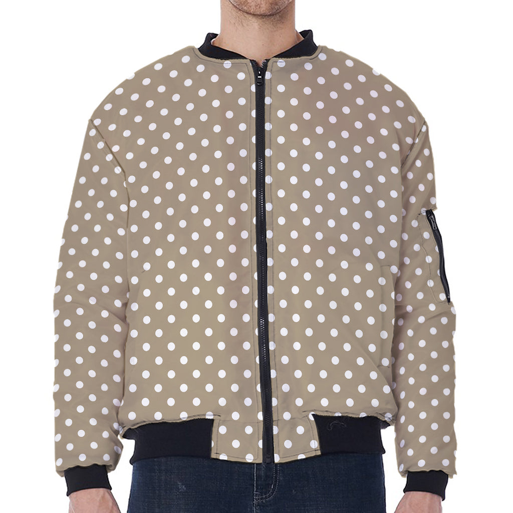 Beige And White Polka Dot Pattern Print Zip Sleeve Bomber Jacket