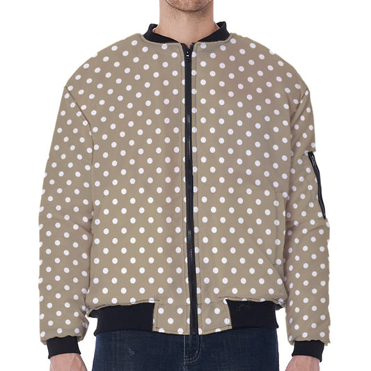 Beige And White Polka Dot Pattern Print Zip Sleeve Bomber Jacket