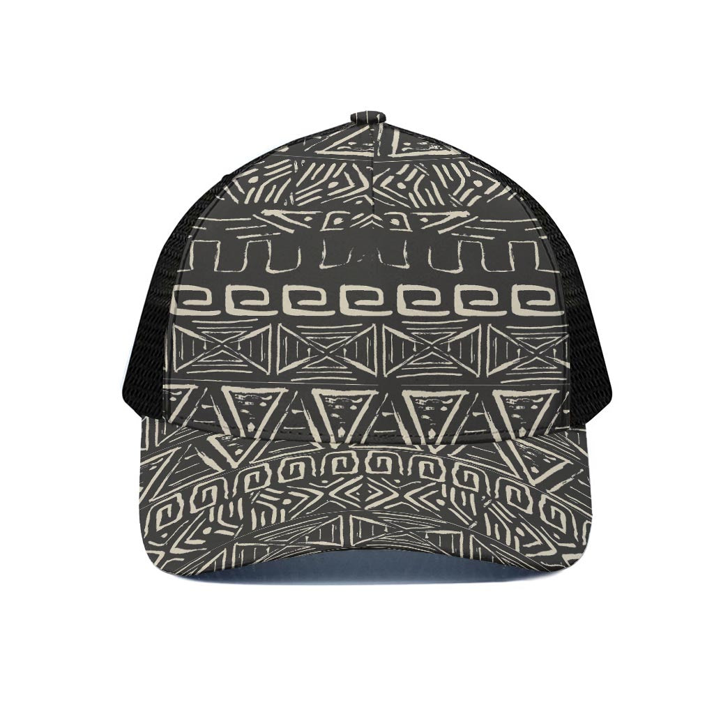 Beige Aztec Pattern Print Black Mesh Trucker Cap