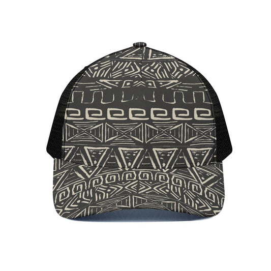 Beige Aztec Pattern Print Black Mesh Trucker Cap