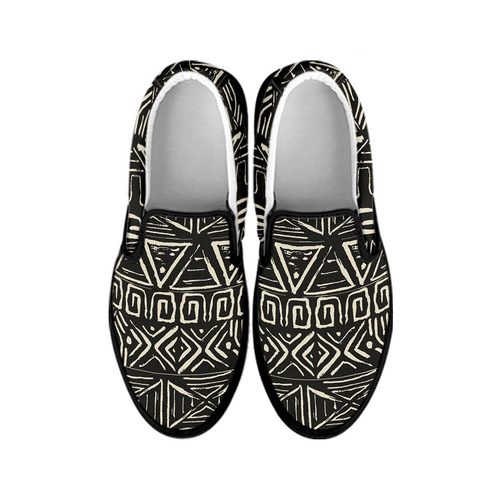 Beige Aztec Pattern Print Black Slip On Sneakers