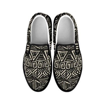 Beige Aztec Pattern Print Black Slip On Sneakers