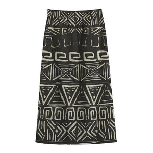 Beige Aztec Pattern Print Cotton Front Slit Maxi Skirt