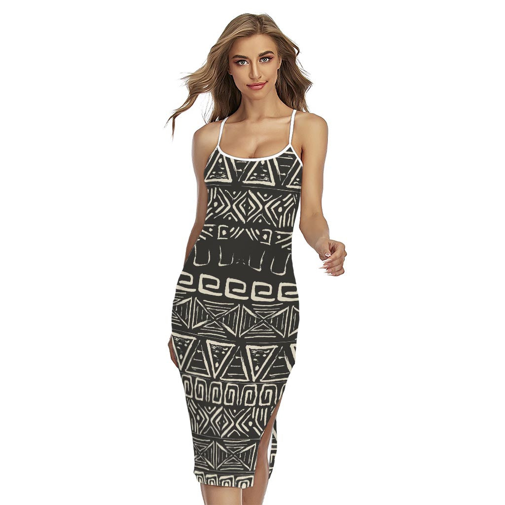 Beige Aztec Pattern Print Cross Back Cami Dress
