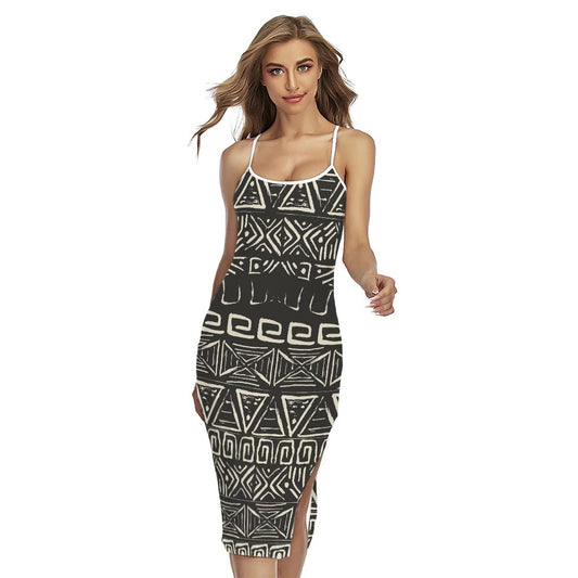Beige Aztec Pattern Print Cross Back Cami Dress