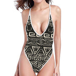 Beige Aztec Pattern Print High Cut One Piece Swimsuit