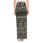 Beige Aztec Pattern Print High Slit Maxi Skirt