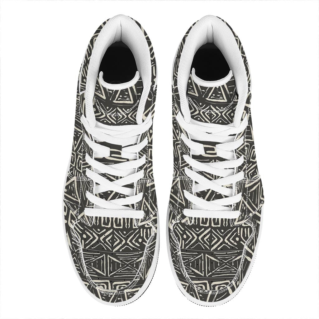 Beige Aztec Pattern Print High Top Leather Sneakers