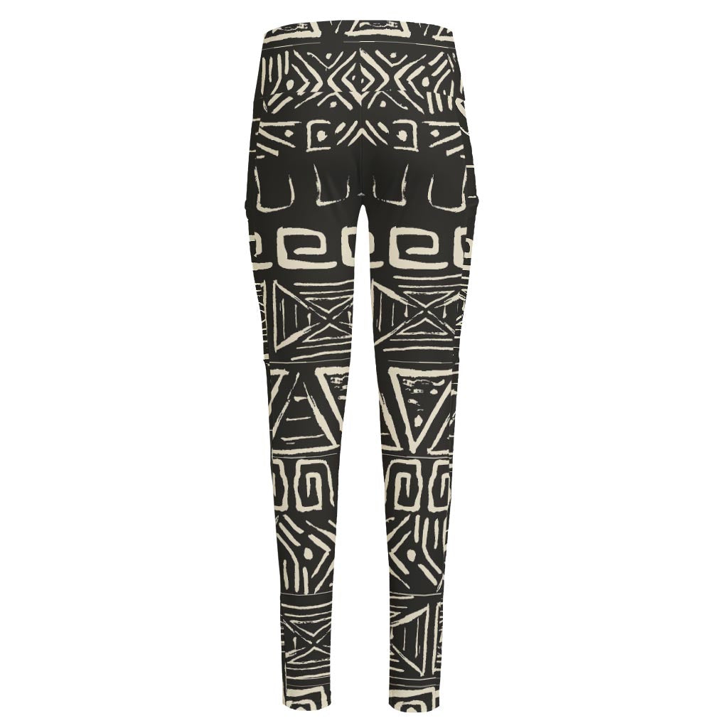 Beige Aztec Pattern Print High-Waisted Pocket Leggings