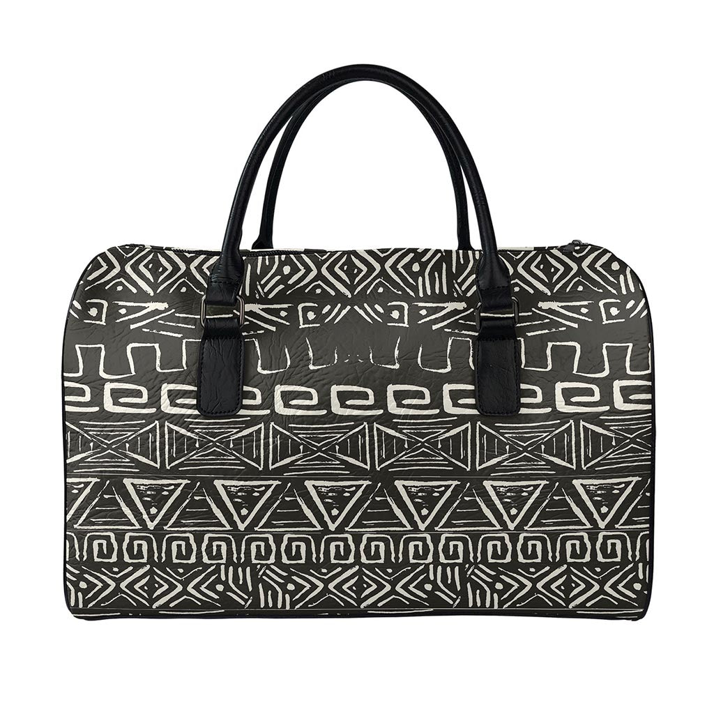 Beige Aztec Pattern Print Leather Duffle Bag