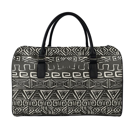 Beige Aztec Pattern Print Leather Duffle Bag