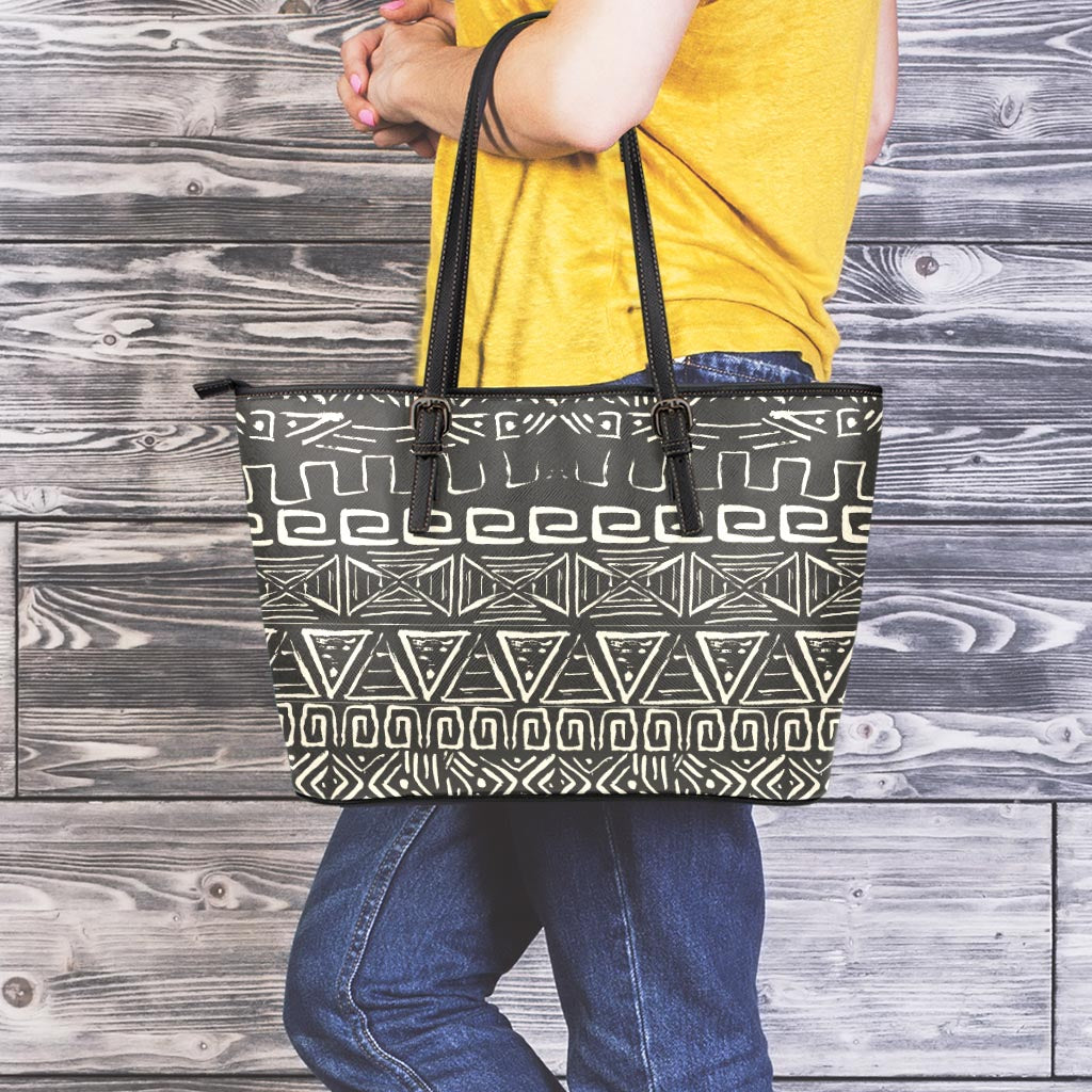 Beige Aztec Pattern Print Leather Tote Bag