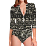 Beige Aztec Pattern Print Long Sleeve Swimsuit