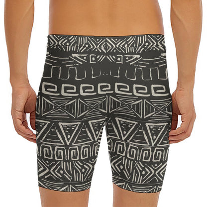 Beige Aztec Pattern Print Men's Long Boxer Briefs