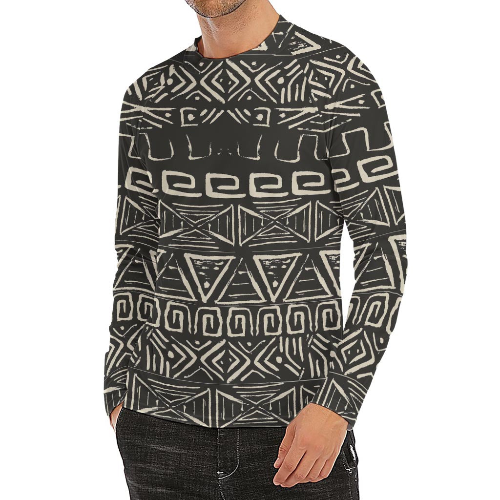 Beige Aztec Pattern Print Men's Long Sleeve Rash Guard