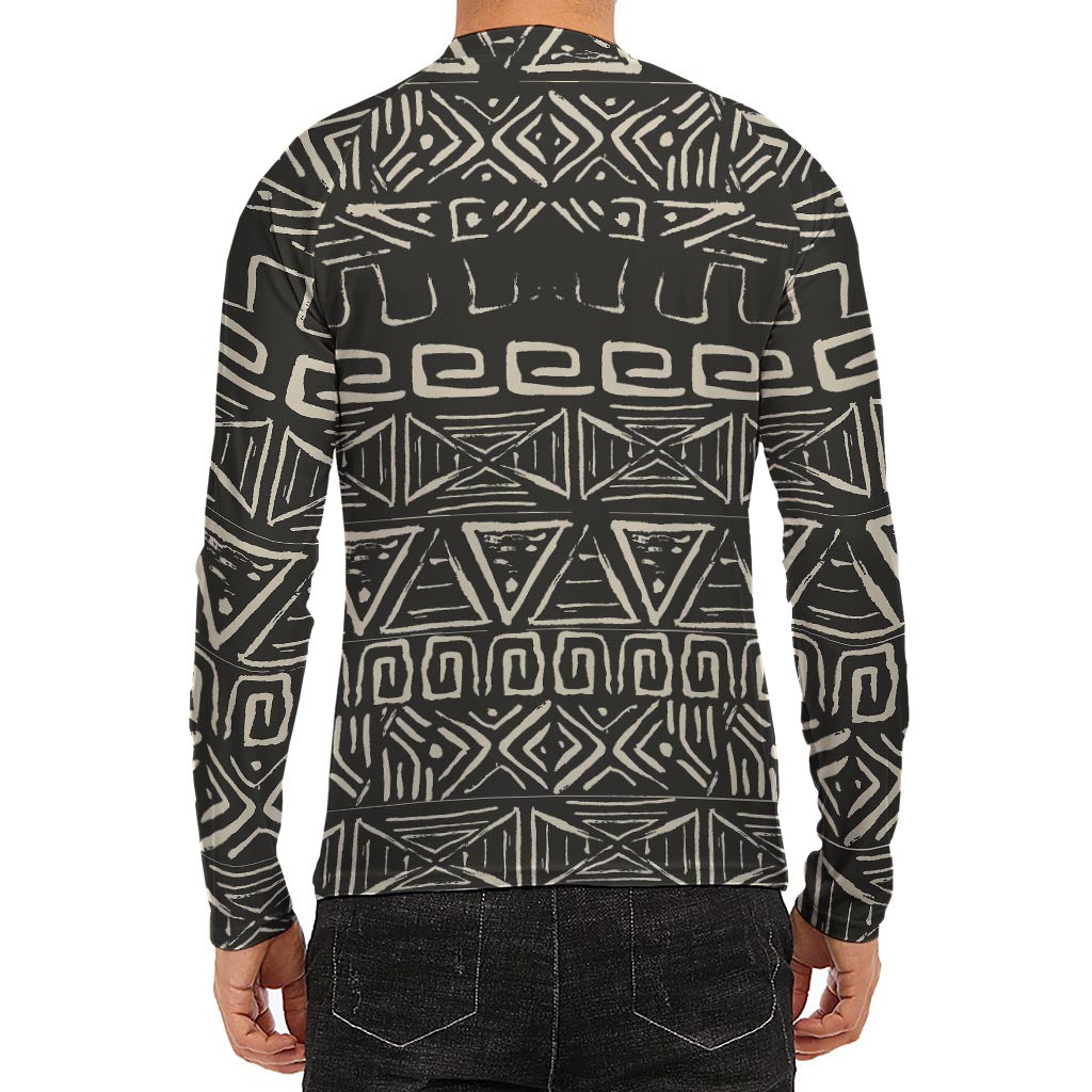 Beige Aztec Pattern Print Men's Long Sleeve Rash Guard