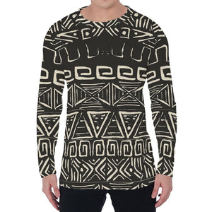 Beige Aztec Pattern Print Men's Long Sleeve T-Shirt