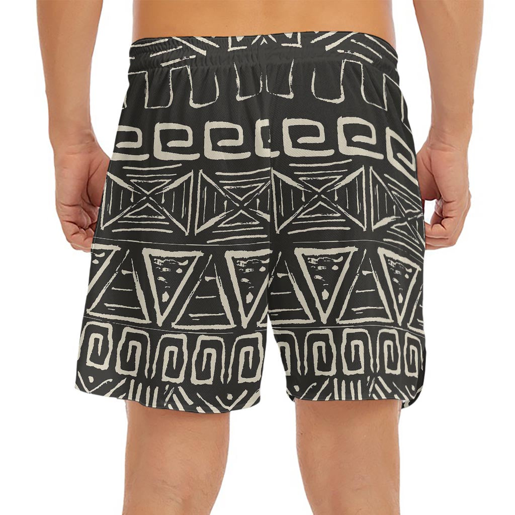 Beige Aztec Pattern Print Men's Split Running Shorts